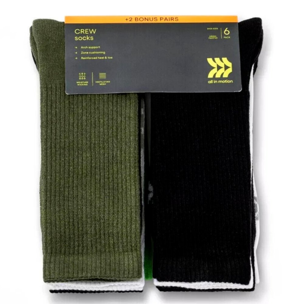 2pack All In Motion Men's Crew Socks 8 Pack size 6-12 (16 pairs in total) - Picture 2 of 12